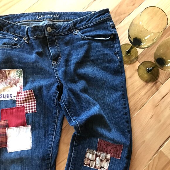 Upcycled Patched Jeans, 14 Junior: Handmade Patchwork Wine Theme Hippie Pants - Picture 5 of 11